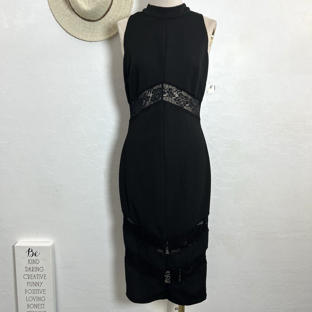 HOMMAGE black lace stretch cocktail dress S formal minimalist wedding bodycon